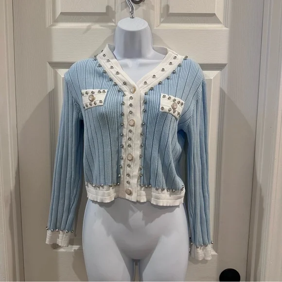 Baby Blue and White Knitted Cardigan With White Trim and Jewels - Picture 1 of 6